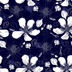 Seamless pattern with white flowers on a blue background. Hand drawn floral texture.