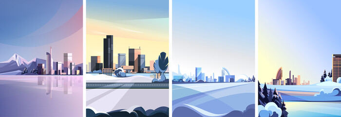 Collection of winter cityscapes. Urban scenes in vertical orientation.