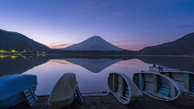 Mt Fuji at Lake Shoji with boats starry night to sunrise
