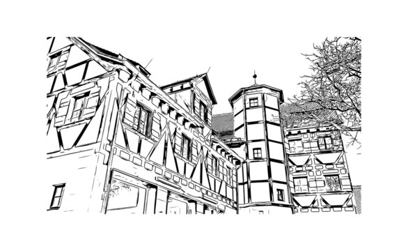 Building view with landmark of Nuremberg is the
city of Germany. Hand drawn sketch illustration in vector.