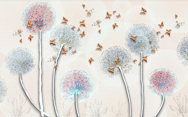 Fototapety  ilustracja 3d, abstrakcyjne rozmyte wielobarwne mlecze i wytłoczone motyle na jasnoróżowym tle