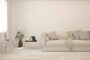 White living room with sofa. Scandinavian interior design. 3D illustration