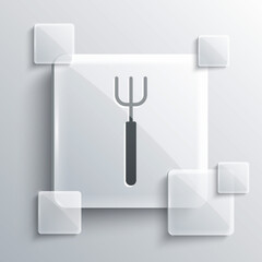 Grey Garden pitchfork icon isolated on grey background. Garden fork sign. Tool for horticulture, agriculture, farming. Square glass panels. Vector.