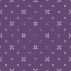 Vector minimalist floral texture. Geometric seamless pattern with small flower silhouettes, crosses. Vector abstract background. Simple purple ornament. Elegant repeat design for wallpapers, textile