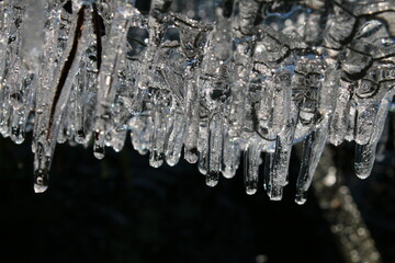 Close up of icicles of frozen water in freezing Winter weather hexagon metal wire covering garden...