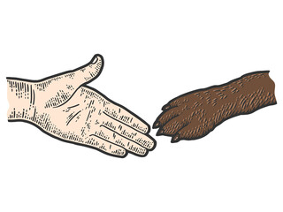 Handshake human and dog. Sketch scratch board imitation color