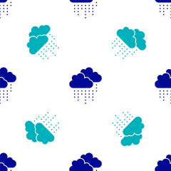Blue Cloud with rain icon isolated seamless pattern on white background. Rain cloud precipitation with rain drops. Vector.