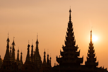 Shwedagon pagoda at sunset, in Yangon Burma Myanmar