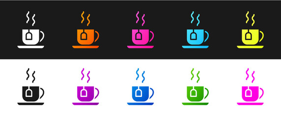 Set Cup of tea with tea bag icon isolated on black and white background. Vector.