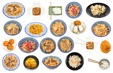 collection of various dishes from rice isolated on white background