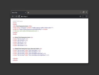 Realistic browser window with css code. Simple html code on web page. Script coding or programming website. Vector