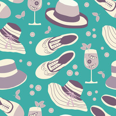 Vintage cocktail party seamless vector pattern background. Midcentury style design with shoes, hats, drinks on aqua blue backdrop. Hand drawn illustration. All over print for summer concept