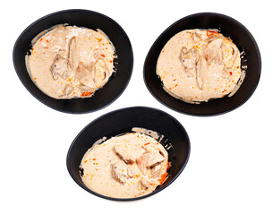 set of Satsivi (caucasian georgian spicy cold appetizer from chicken in walnut sauce) isolated on white background