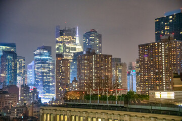 Fototapeta na wymiar NEW YORK CITY - DECEMBER 1, 2018: Night skyline of Midtown Manhattan, aerial view at night