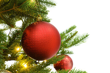 Beautiful decorated Christmas tree on white background, closeup