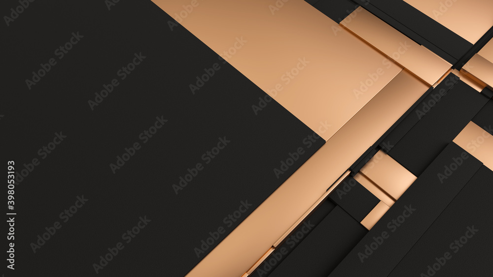 Poster black and golden tessellated rectangular surface. abstract background with fragmented tiles. 3d illu