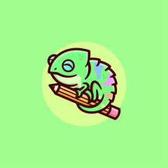 SMILING GREEN CHAMELEON HOLDING A BIG PENCIL CARTOON LOGO DESIGN