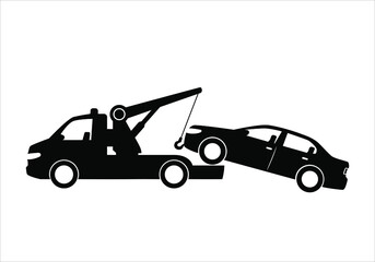Tow truck city road assistance service evacuator. Parking violation. Road sign - no Parking. Sign of a tow truck. Black vector icon.