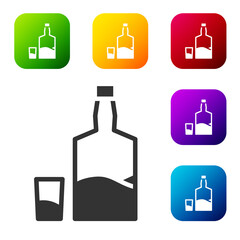 Black Tequila bottle and shot glass icon isolated on white background. Mexican alcohol drink. Set icons in color square buttons. Vector.