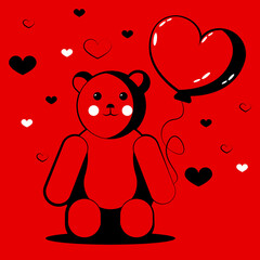 Vector illustration. Bear with a heart - shaped balloon in Doodle style.