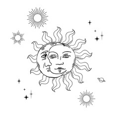 Hand drawn linear vector illustration of sun and moon. Magical outline clipart for logo, print, card, textil design. Alchemy, magic, esoteric, occult.