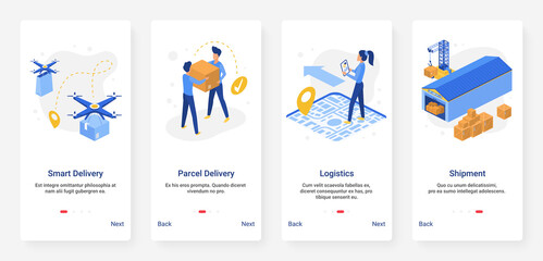 Warehouse delivery service, logistics modern transport and shipment isometric vector illustration. Mobile app page onboard screen set with cartoon flat courier people, delivering shipping technology