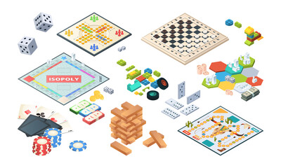 Board games. Adults funny games isometric cards backgammon chess mahjong vector. Illustration isometric board game 3d, playtime entertainment © ONYXprj