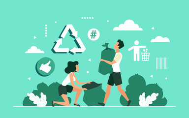 People collect trash garbage into bags, clean and save planet ecology vector illustration. Cartoon volunteers characters cleaning up wastes in park, eco environmental protection concept background