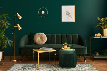 Luxury living room in house with modern interior design, green velvet sofa, coffee table, pouf,...