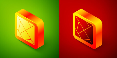 Isometric Rubik cube icon isolated on green and red background. Mechanical puzzle toy. Rubik's cube 3d combination puzzle. Square button. Vector.