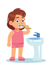 Girl brushing teeth. Cute child in bathroom morning and evening routine, dental care with toothbrush and fresh toothpaste, oral care and hygiene concept vector flat cartoon character
