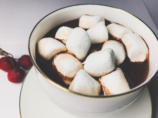 Chocolate with marshmallows in the cup, white background