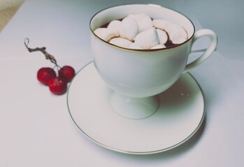 Chocolate with marshmallows in the cup, white background