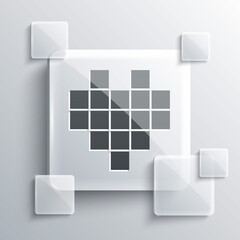 Grey Pixel hearts for game icon isolated on grey background. Square glass panels. Vector.