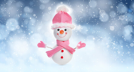 Cute decorative snowman on blue background, bokeh effect. Banner design
