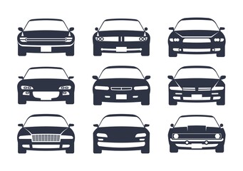 Car black silhouette. Cars front view icon set, vehicle monochrome mockup, regular sedan auto for family, race or different services, automobile pictogram vector illustration
