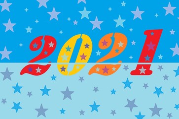 Creative Happy New Year 2021 with stars in the background, Happy New Year background. Colorful 2021. Festive poster or banner design background in two color division.