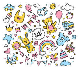 Newborn baby set of Doodle style icons. Vector children elements in pink and blue colors.