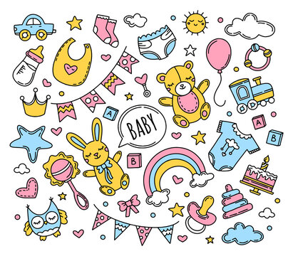 Newborn baby set of Doodle style icons. Vector children elements in pink and blue colors.