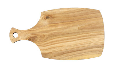 Closeup of beige cutting board with texture of wood isolated on white