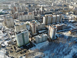 Aerial view of the Zonalny microdistrict in winter (Kirov, Russia)