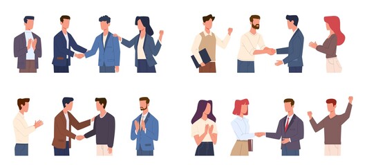 Team congratulates colleague. Chief shakes hand manager for successful project, office staff greeting co-worker development, people respect and high five, partnership vector concept