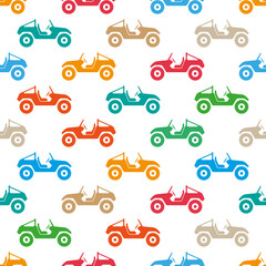 Fototapety  Bright colorful multicolored cars buggy isolated on white background. Cute seamless pattern. Side view. Vector flat graphic illustration. Texture.