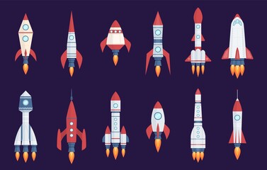 Rocket icons. Starting spaceships and spacecrafts, speed shuttles collection. Startup project symbol, creative idea, development process future innovation technology flat vector set