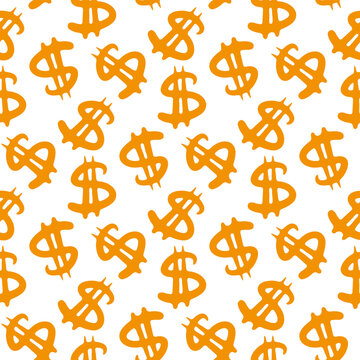 Orange Dollar Signs Isolated On White Background. Cute Bright Monochrome Seamless Pattern. Vector Flat Graphic Hand Drawn Illustration. Texture.