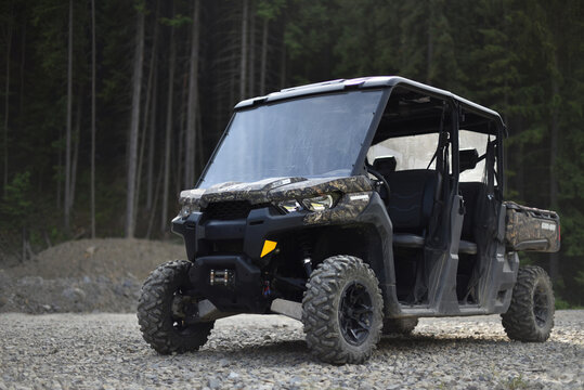 Bukovel, Ivano-Frankivsk region, Ukraine - 06.02.18: ATV Can-Am Defender Max XT HD10 in forest