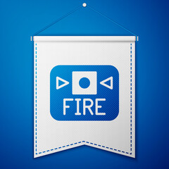 Blue Fire alarm system icon isolated on blue background. Pull danger fire safety box. White pennant template. Vector.