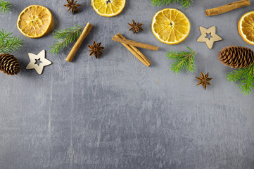 Christmas composition. Christmas decorations on dark background. Copy space. Winter holidays, New Year. Top view