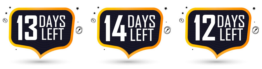 12, 13 and 14 Days Left for Sale, set countdown tags, start or to end offer, discount banners design template, app icons, don't miss out, vector illustration