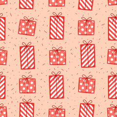 Festive seamless pattern with pink gift boxes.  Repeating vector pattern